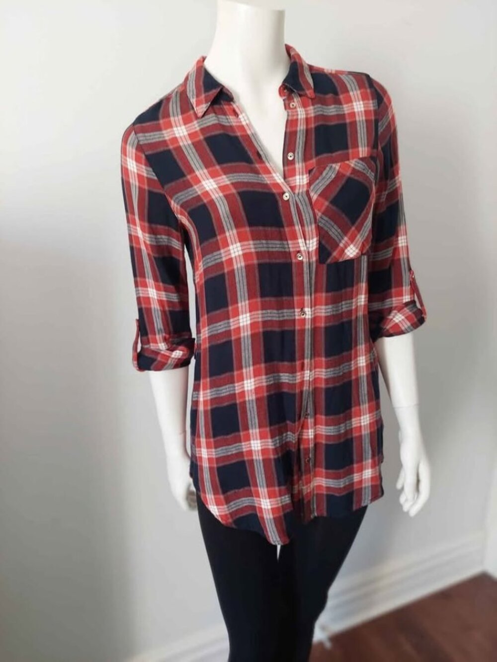 Dynamite Plaid Button Up Tunic Shirt XS EUC